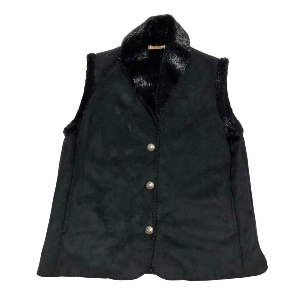 Mazmania Black Suede Leather Vest Sz 2XL Andrea Faye Faux Fur Lining USA Womens